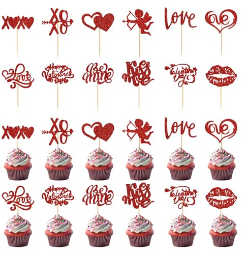 24uds Adornos para Cupcakes de San Valentín, Adornos para Cupcakes con Forma de Corazón y Rosa para el Día de San Valentín Decoraciones para Tartas con Purpurina para Bodas y San Valentín (Rojo)