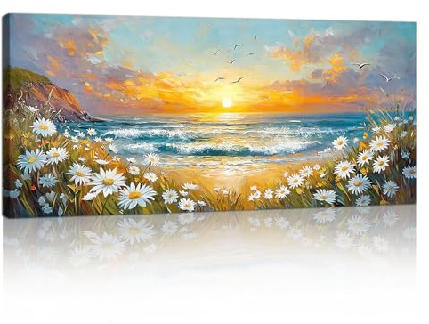 Grande Stampa Su Tela Con Cornice Blu Paesaggio Marino Quadri Moderni Fiori Selvatici Mare Onda Tramonto Immagine Pittura Su Tela Soggiorno Camera da letto Cucina ristorante Decor Murale 120x50cm