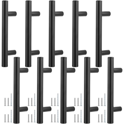 ASelected 10PCS Kitchen Door Cupboard Handles,127mm Black Cabinet Door Pulls Handles, 76mm Hole Spacing Stainless Steel T Bar Handles with Screws for Wardrobe,Dresser,Door,Gate,Cabinets,and Drawers