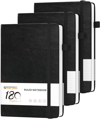 Smarpau 3 Stück Notizbuch A5, Hardcover Journal mit 180 Seiten 80gsm Papier | Leder Tagebuch mit Index Tabs, Notizblock für Erwachsene Arbeit, Schreiben, Notizen, Lernen, Reisen, 14.5 x 21 cm-Schwarz