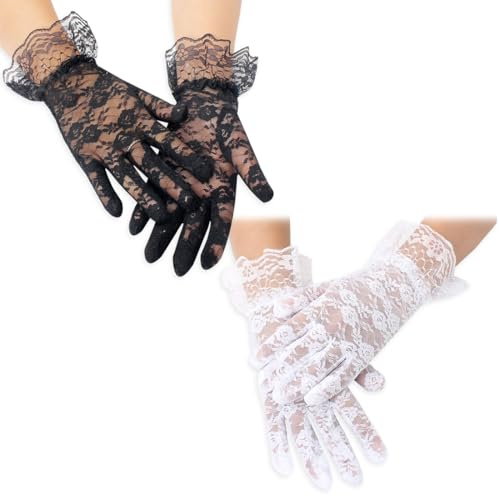 RTRTGS Guantes Satinados para Bodas, Fiestas de Ópera y Eventos, Encaje Negro y Guantes Negros para Disfraz, Accesorios de los Años 1920 para Mujer, Cortos para Cosplay, Fiestas y Disfraces