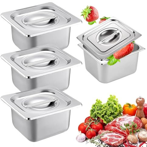 Juego de 3 recipientes gastronorm de acero inoxidable para empanar con tapa, calles de empanado rectangulares, recipientes para la cocina, apilables, recipiente GN 1/6 (recipiente GN 1/6, 17,5 x 16,5