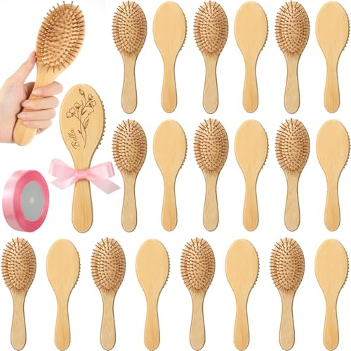 DoubleFill 24 Pcs Bamboo Wooden Hair Brush Bulk, Paddle DIY Engraving Gift