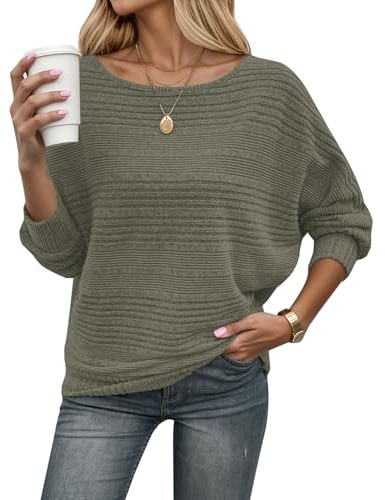 WNEEDU Womens Jumpers Autumn Lightweight Ladies Batwing Tops Long Sleeve Boat Neck Striped Knit Sweater Casual Pullover