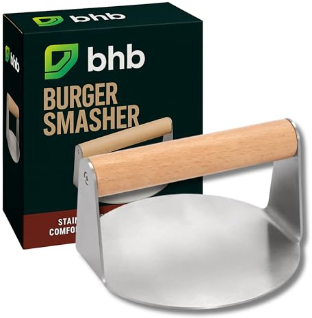 bhb Burgerpresse 5,5 Zoll Round Edelstahl Smash Burger Press – Professionelles Edelstahl Grillzubehör für Flat Top Grill – Hamburgerpresse mit Squeeze Grease – Leicht zu reinigen