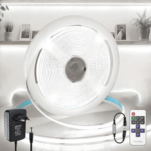 BRIMETI Striscia LED 12V COB 5M Luce Interno 6000K Bianco Freddo Autoadesivo Dimmerabile Strisce con RF Telecomando Alimentatore 320LEDs/M Nastro Nastri LED Larghezza 8mm, per Cucina Soggiorno