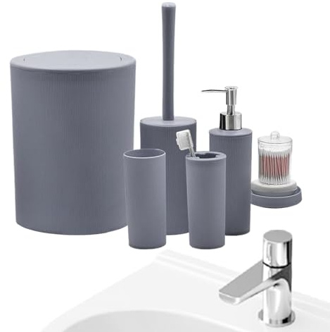 Juego de Accesorios de Baño de - Set de 7 Piezas con Portacepillos de Dientes, Jabonera, Papelera | Set de Tocador con Bote para Algodón, Porta Bastoncillos, Escobilla de WC, Vaso & Organizad