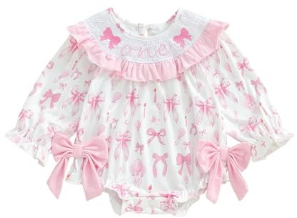 Carolilly Baby Girl 1st Birthday Outfits Bow/Balloon Print Letter Embroidery Ruffled Round Neck Long Sleeve Romper Infant Bodysuit Newborn Girls Jumpsuits Birthday Gift (Pink, 6-12 Months)