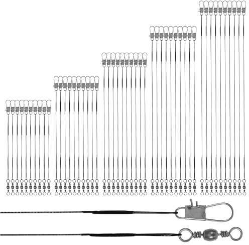 50 Pcs Wire Traces Pike Fishing, 5 Size 10/15/20/25/30 cm Steel Wire Fishing Leader with Swivels and Snap, High-Strength Anti-Bite Wires Leader Line Kit for Saltwater Freshwater (Black)