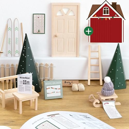 LIMMALAND Wichteltür Set mit Zubehör und Wichtelbuch - Wichteltür Komplettset 24-Tage-Plan mit leuchtender Wichteltür, Wichtelhaus, Wichtelbuch, Zubehör und Briefblock - Weihnachtsdeko & Bastelspaß