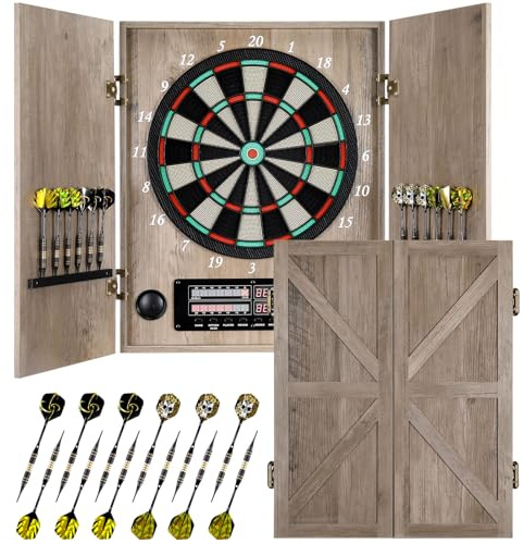 Yirinatek Dartscheibe Elektronisch, Dekoratives Elektronische Dartscheibe Schrank-Set [12 Bronze Soft-Tip Pfeile][Cricket-Spielmodus] - Profi E Dart Scheibe mit Holzschranktüren