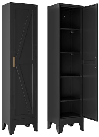 YNIQUESTLE 67 Tall Storage Cabinet with Reversible Doors and Adjustable Shelves,Metal Slim Freestanding Cabinets for Bathroom Kitchen Garage Small Spaces,Black