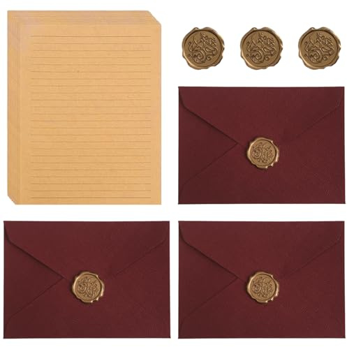 Set Di Vintage Carta da Lettere con 3 Buste in Carta Kraft Vintage, 10 Carta Vintage Carta da Lettere e 3 Adesivi con Sigillo di Cera, per inviti di nozze, compleanno, egalo (Rosso)