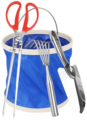 Kit combinato da spiaggia definitivo: set di rastrelli per vongole da 4 pezzi con secchio pieghevole, rastrello per sabbia resistente e pala per sgusciare e giardinaggio Pala da spiaggia