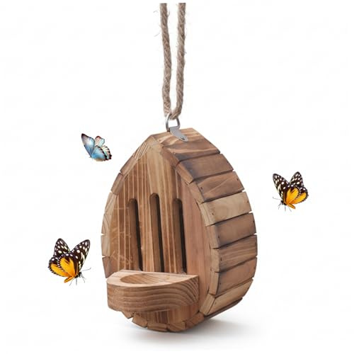 Casa de Mariposas para Exterior, hábitat y alimentador de Mariposas de Madera en Forma de lágrima con Cuerda para decoración de jardín, hábitat