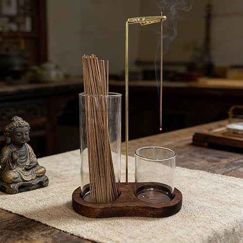 Wooden Upside Down Incense Holder for Sticks with Removable Glass Ash Catcher and Incense Holder for Yoga, Spa, Tea, Zen Meditation (Dark)