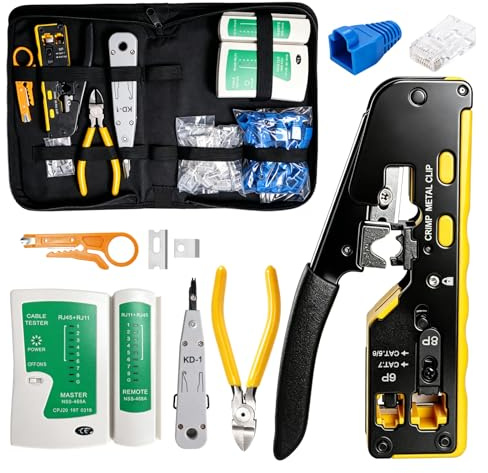 Alicates de Terminales RJ45, Kit de Herramientas para Crimpar Cable con 50Pcs RJ45 Cabezas de Cristal de Paso Conectores Pasantes y Tapas Protectoras, Probador LAN, Alicate Diagonal, Perforación LSA