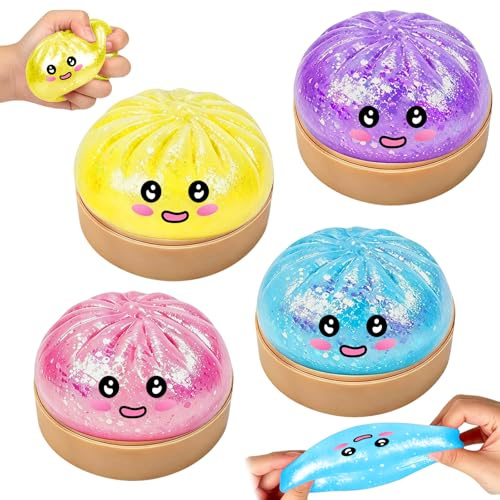 4 Stück Dumpling Squishy Glitter, Squishy Dumplings Mystery mit Dampfer, Fidget Toy für Stress Relief, Decompression Antistressbälle Stressball für Erwachsene Kinder, Geburtstag Geschenk