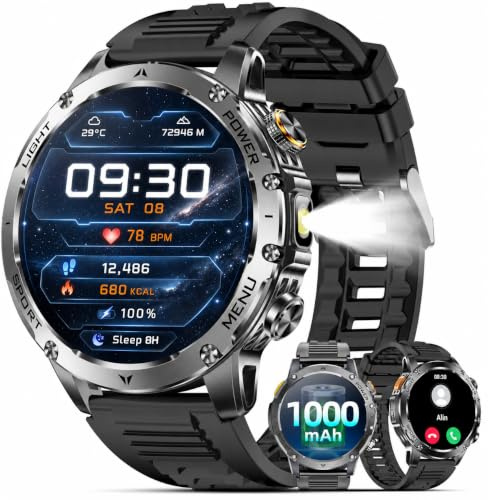 Karchilor Militär Smartwatch Herren mit 1000 mAh Akku - Fitnessuhr mit Bluetooth-Anrufen, 1,7 HD-Display, LED-Taschenlampe, IP68, 110+ Sportmodi, Herzfrequenz- und Schlafanalyse, für iOS & Android