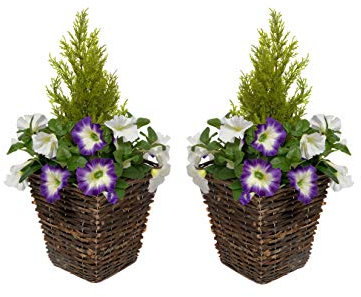 Greenbrokers Artificial Rattan Patio Planters with Purple & White Petunias & Cedar Topiary (Set of 2)