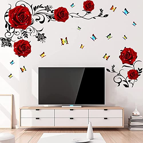 Supzone Red Rose Wall Stickers - DIY Vinyl Mural Art for Bedroom, Living Room, Sofa Backdrop & TV Wall Decoration