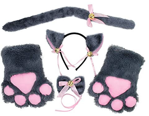 Cat Cosplay Set, katt öron pannband kattunge svans öron halsband tassar handskar, katt cosplay kostym söt kostym fest dekoration set för barn, kvinnor flickor