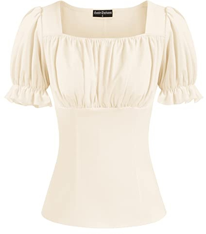 Peasant Tops for Women Puff Sleeve Renaissance Shirt Beige L