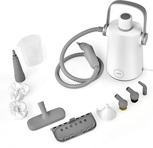 GOPLUS Limpiador a vapor manual, 1000 W, tiempo de calentamiento: 3 min., presión de vapor: máx. 3 bar, depósito de 300 ml, hasta 95 ℃, limpiador de vapor para alfombras, sofá, cristal y coche,