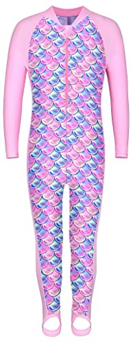HUAANIUE Filles Enfants Maillot de Bain 1 Pièce Anti-UV UPF 50+ Enfants Filles Maillot de Bain de Protection Complet Zippé à Manches Longues et Patalon Long 1 An-10 Ans (S243-Écailles Roses, 3-4 Ans)