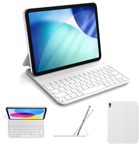 HOU Smart Folio Tastaturhülle für iPad A16 und iPad 10. Generation | Schlank und leicht,Semi-Silikon,2 Aufstellwinkel,QWERTZ,Weiß; für iPad A16 11″ (2025) und iPad 10. Generation 10,9″ (2022)