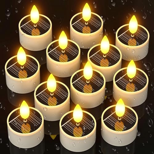 SoulBay Solar Tea Lights Outdoor Waterproof, 12 pcs 1.5 D x 2.1 Reusable Dusk to Dawn Flickering Small LED Tealight Candles, Flameless Votive Candle for Lanterns Patio Garden Camping Décor