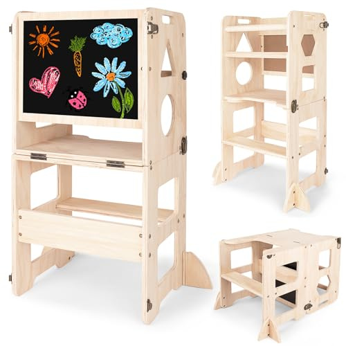 3-in-1 Torre montessoriana per bambini, Sgabello pieghevole con lavagna, torre di apprendimento per bambini per cucina, tavolo da pranzo e bagno