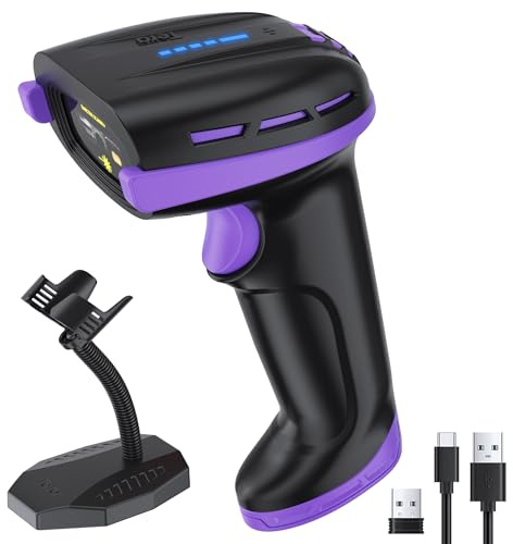 Tera Pro Barcode-Scanner Akku 4400mAh: Physischer Schalter Batterieanzeige Wandmontierbarem Ständer 2D QR Kabellos Barcode-Leser mit Bluetooth 2.4G Wireless USB Kabelgebunden für POS Lager D6100 Lila