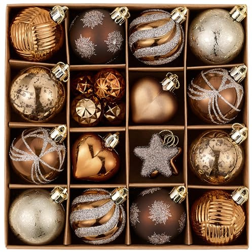 Valery Madelyn 28Pcs Christmas Heart Shaped Ornaments Gift Pack, Bronze Copper Gold Craft Painted Tree Heart Decorations, Christmas Baubles Hanging Indoor Fall Thanksgiving Autumn Harvest Xmas Decor