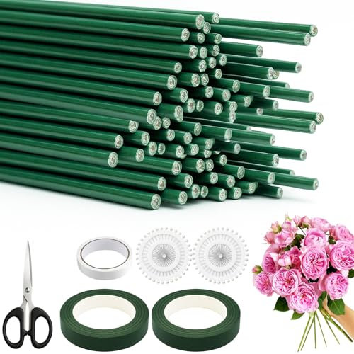 DONQL 100 Pcs Florist Wire Stems 2mm*25cm, Flexible Green Floral Wire with 2pcs Florist Tape Green, Scissors＆Positioning Pins for Bouquet Wrap Florist＆DIY Flower Craft
