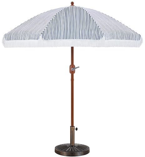 Yaheetech Φ 215 cm Sonnenschirm mit 14 kg Schirmständer Romantischer Gartenschirm mit Fransen 8-Glasfaserrippen-Schirm mit Quasten Kurbelschirm Sonnenschutz Terrassenschirm, UV-Schutz, Blau & Weiß