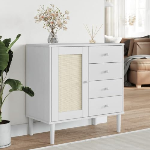 Qnhdfrt Sideboard Schrank Weiß Rattan-Optik Massivholz Kiefer 80x40x80 cm Landhausstil mit Wiener Geflecht und großem Stauraum für Wohnzimmer Küche Flur