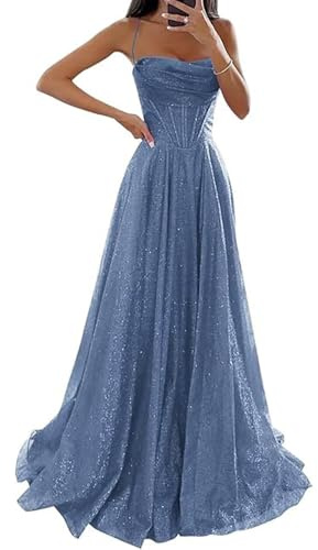 JIAALU Glitzernde Pailletten Tüllkleider Elegantes Damen Abendkleid mit Glitzerpailletten & Spaghettiträgern A-Linie Ballkleid in Tüll für Hochzeit, Langer Schlitz & Korsett-Design