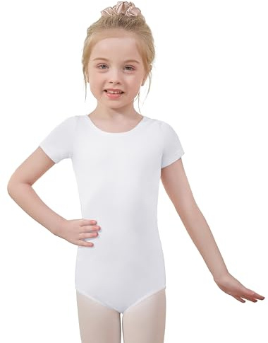 White Short Sleeve Ballet Leotards for Girls - Toddler Dance Outfits Ballerina Gymnastics Clothes Cotton Bodysuit Kids 2-14 Years 4-6 Years S
