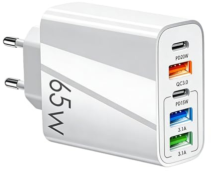 Jetstream 65W Cargador USB C Carga Rápida, Cargador USB Multiple con 5 Puertos, Cargador Tipo C con 2 Puertos USB-C + 2 Puertos USB + 1 QC 3.0, Fast Charge PD 3.0 pour Tabletas, Smartphones