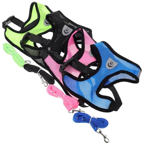 HOUDERCO 4 Stück Leichtes und Flexibles Hundegeschirr mit Atmungsaktivem Mesh und Polyester Inklusive Leine für Outdoor Spaziergänge mit Haustieren