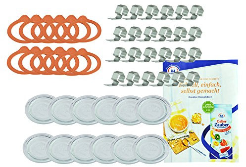 MamboCat ORIGINAL WECK-Einkoch-Set - 12 Glasdeckel für Rundrandglas 60 mm + 12 Einkochringe + 24 Weck-Klammern + GRATIS Rezeptheft, Ersatzdeckel aus Glas, transparent, WECK-Rundrandgläser RR60