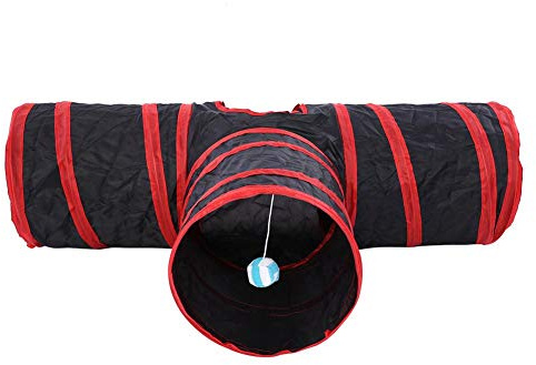 Rascheltunnel Faltbare 3 Wege Katzentunnel Spieltunnel Katzenspielzeug Haustier Interaktiv Trainingsspielzeug für Kaninchen Katze Hunde und Kleintiere Haustier, ø 25 cm/Länge 150 cm(Rot)