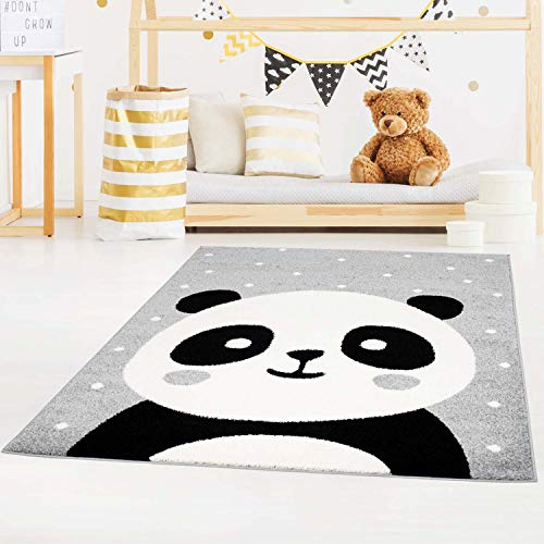 Kinderteppich Grau - 160x225 cm - Niedlicher Panda-Bär, Weiß Gepunktet - Teppich Kinderzimmer Tiermotiv