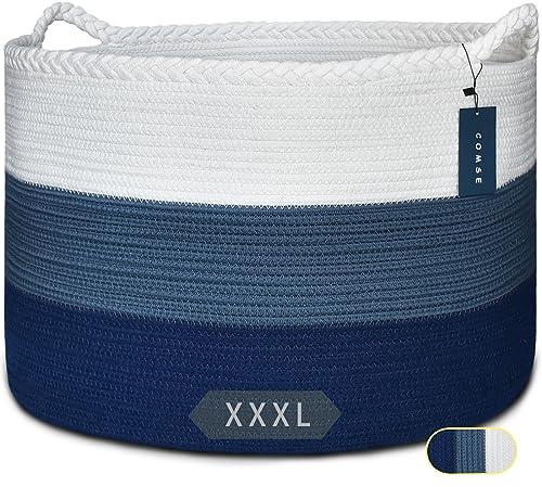 COMSE Extra Large Woven Blanket & Laundry Basket 87L, White & Blue | Cotton Rope, 55 x 35 cm, Nursery Hamper for Storage of Toys, Clothes & Towels, Great for Living Rooms, Bedrooms & Bathrooms
