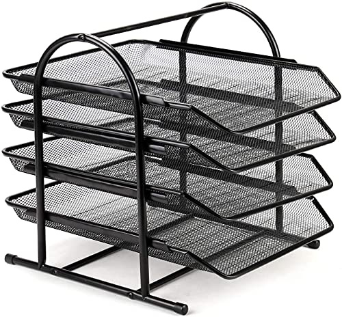 Youyijia Mesh Desk Organiser 4 Tier Letter Tray Stackable File Holder Office A4 Filing Desktop Document Storage for Home Office Black Metal