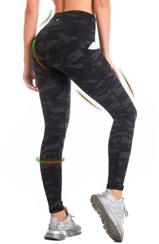 CAMBIVO Leggings Damen High Waist Camouflage, Golfhosen Sport Leggins Damen Lang mit Handytasche, Sporthose Yogahose Atmungsaktiv & Blickdicht für Fitness, Yoga, Training, Casual