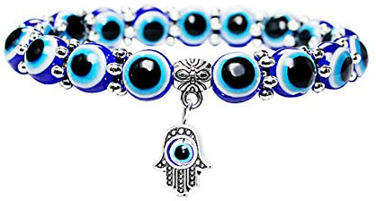 HMOOY Blue Turkish Beads Evil Eye Hamsa Hand of Fatima Lucky Charm Stretch Bracelet for Protection and Blessing Women Men