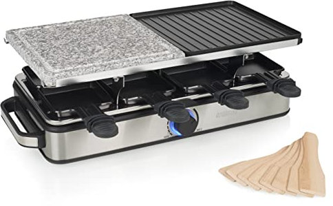 Princess 162635-Piedra y Parrilla Deluxe Raclette multifunción para 8 personas, 1400 W, Acero Inoxidable Cepillado (01.162635.01.001)