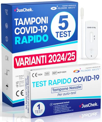 Adeste – 5 Tamponi COVID 19 rapido 2025 - Test Nasali Nuove Varianti 2025 - Sensibilità 100% a carica virale alta - Certificati per Uso Domestico - Risultato rapido